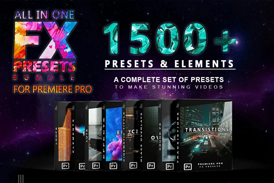 Premiere模板-1500种视觉特效电影文字标题转场LOGO动画素材背景音效LUTS调色预设 FX Presets Pack V7