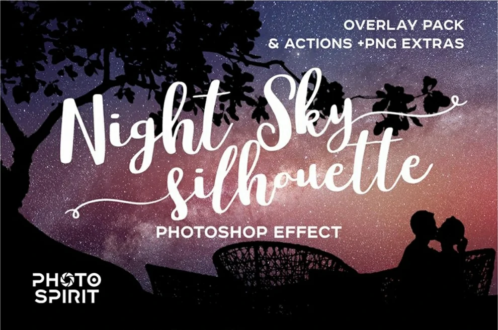 84张高清星空银河极光闪电叠加夜空元素剪影PNG素材+PS动作 Night Sky Silhouette Actions